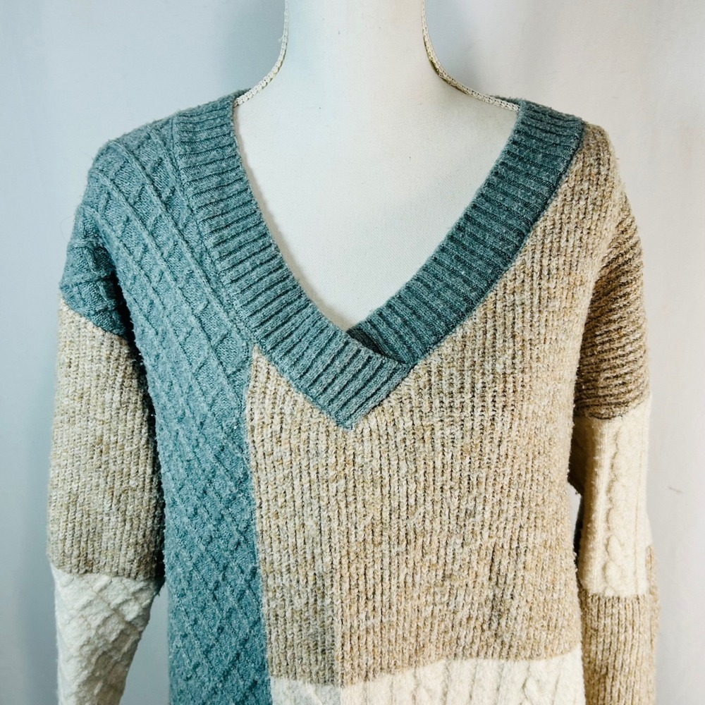 Altar State Patchwork Colorblock V Neck Sweater S… - image 2